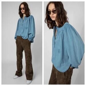 Zadig & Voltaire Top Womens Extra Small Tigy Cotton Twill Blue Blouse Puff Slv